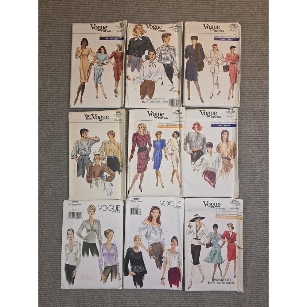 Vintage Vogue Sewing Patterns 80s/90s Dresses Tops Lot of 9 Uncut 14/16/18